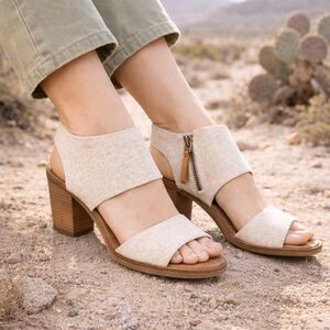 Toms Cream Open-Toe Block Heel Sandals with Side Zip